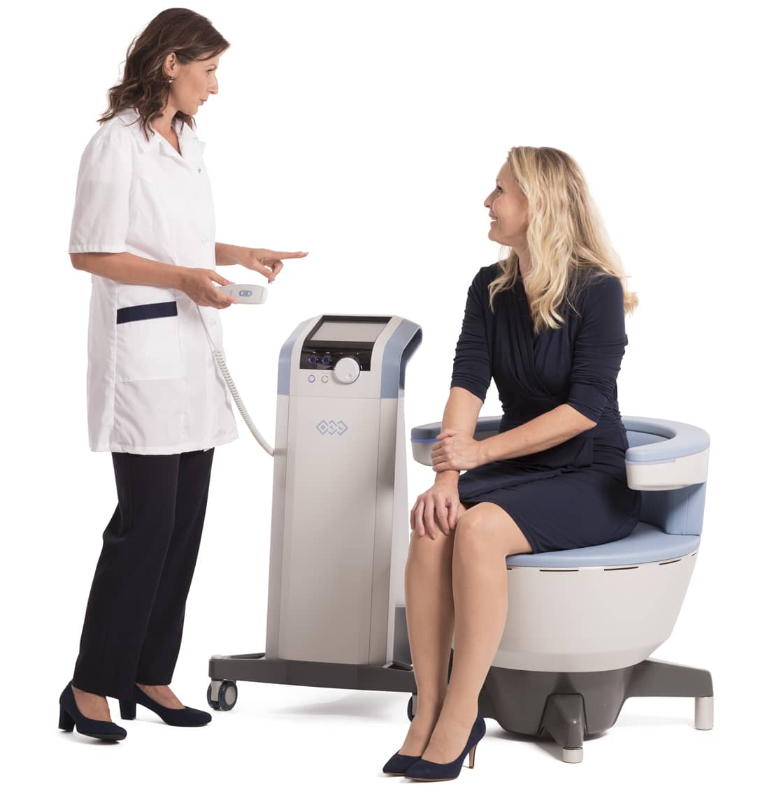 female doctor consulting woman sitting in btl emsella chair